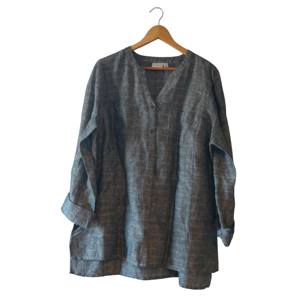 Kim Rogers Women's XL Linen Blend Collarless Button Up Shirt Blue Grey Roll Tab